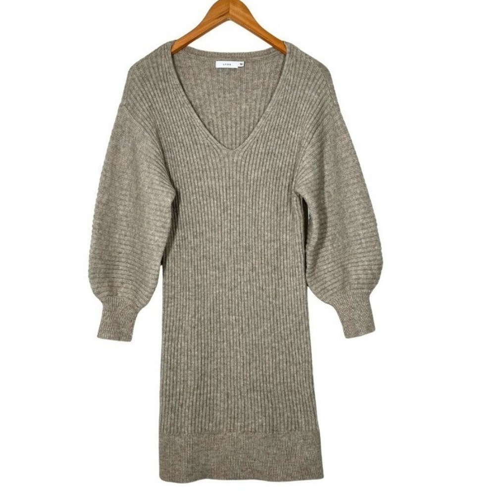 Lush Khaki V-Neck Ribbed Knit Balloon Sleeve Sweater Dress Sz M Cozycore